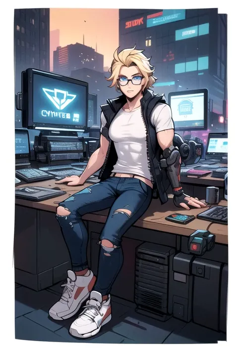 MetallAi, ((best quality)),((Masterpiece)),(detailed), perfect face, ((male,)) ((blonde hair,)) ((blue eyes,)) ((ripped jeans)) ((blue tactical suit,)) cyber corporation, ((cyberpunk,)) ((glasses,)) ((drons)) ((handsome)) ((robot hands)) ((computers,)) ((h...