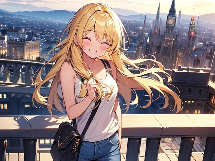 Masterpiece, Top quality, (1 beautiful girl :1.2), Blonde, straight hair, fishtail braid, 20 year old, standard weight, (jeans :1.2), (smile :1.3), blush, closed eyes, shoulder bag, beautiful scene of city, blurry background, magnificent panorama view, dyn...