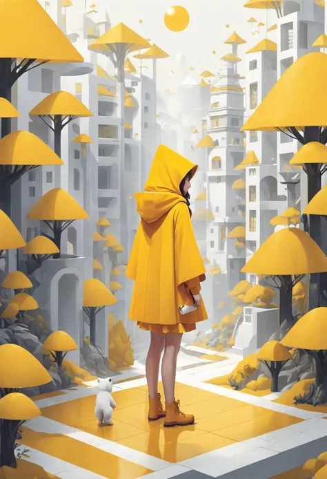 compose an isometric minimalist design,showcasing a 'little sunshine yellow riding hood'  girl standing with a 'dreamy bear', em...