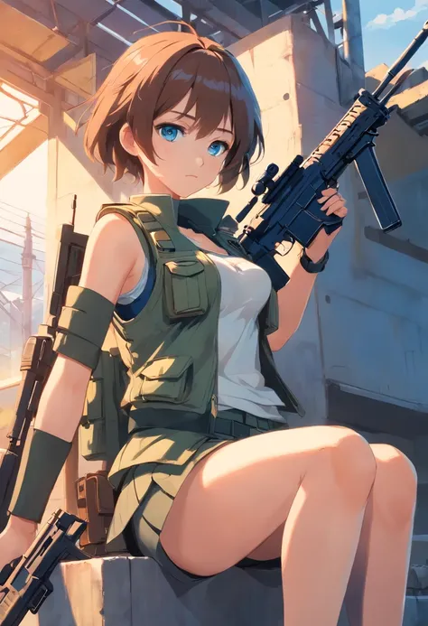 beautiful girl, The girl is wearing a bulletproof vest, (the girl has a bare stomach) the girl has blue eyes, chestnut hair, the girl has large breasts holding an M4A1S assault rifle with the Ukrainian flag in her hands, Sitting in a trench 