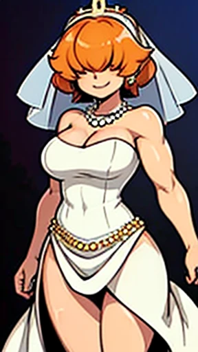  ,High quality,Female ,((,hair covering eyes,fluffy hair,short hair,smile theet)),(muscular,breasts),solo,orange hair,toned,Earrings,Curvy legs,2 arms,pearl necklace,Wedding dress,Veil,Church,showing leg,Holds a bouquet of flowers