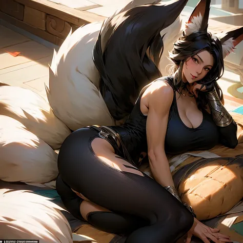 a woman with fox ears and a fox tail wearing a tank top and tight spats eating tacos at a taco shop　the cola is on the table　lar...