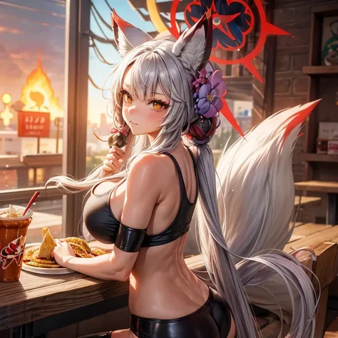 A woman with fox ears and a fox tail wearing a tank top and tight spats eating tacos at a taco shop　The cola is on the table　Large Breasts　Big Ass　tall