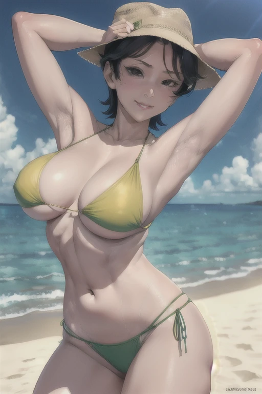 masterpiece, best quality, sakaki ryouko, wearing bikini, large breasts, beach,seductive smile, looking at viewer, wearing hat, put your hands behind your head, armpits, armpits visible, sweaty armpits