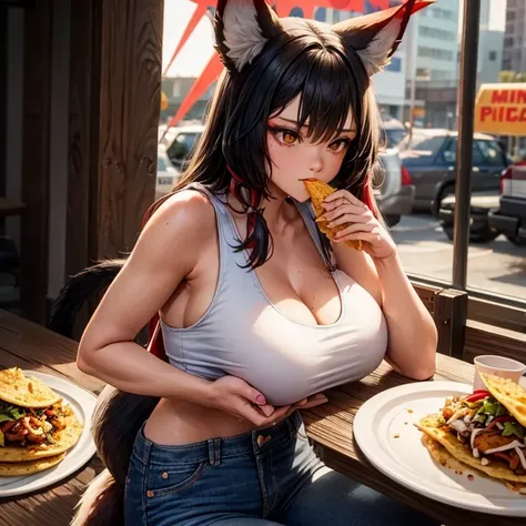 A woman with fox ears and a fox tail wearing a tank top and slim jeans eating a taco at a taco shop　The cola is on the table　Large Breasts　Big Ass　tall