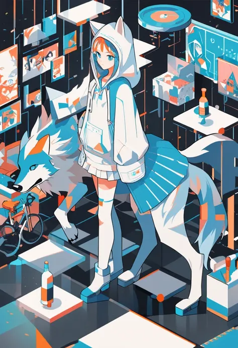 isometric minimalist design,showcasing riding hood girl standing with wolf, employ neo-pop style illustrations, minimalist canva...