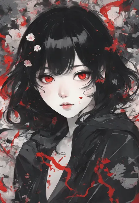 anime girl with black hair and red eyes in a crowded room, an anime drawing inspired by Junji Ito, trending on cg society, serial art, artwork in the style of guweiz, eerie art style, 1 7 - year - old anime goth girl, guweiz masterpiece, gothic horror vibe...