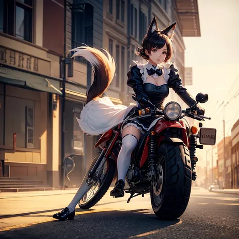 A woman in a maid outfit with fox ears and a tail riding a motorcycle