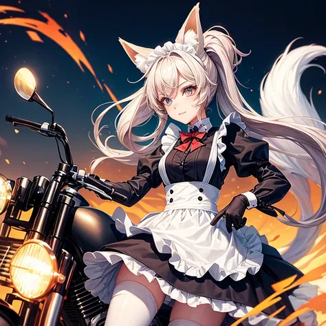 A woman in a maid outfit with fox ears and a tail riding a motorcycle