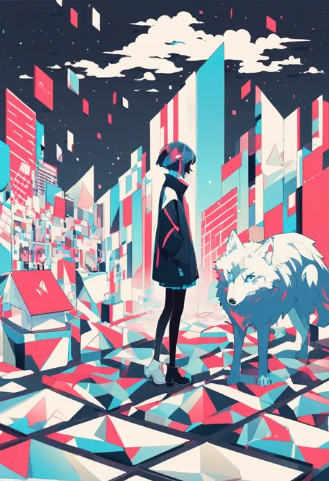 simple,blankspace,flat color,isometric minimalist design,girl standing with wolf, Employ neo-pop style illustrations, minimalist canvases, and animated visuals, using white and blue palette,