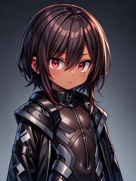 dark skin, male, (((short dark brown hair))), big red eyes and a very androgynous face, wearing a black exoskeleton bodysuit and a long black coat taimanin with sliver accent, black armoured taimanin_suit,