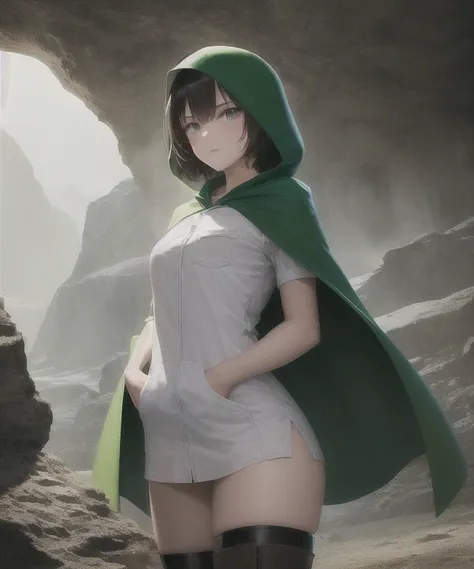 Ryu, One girl, Fairy, short hair, Thigh-high boots, Elbow hand pockets, Green Cape, White shirt, Hooded cloak, Cowboy Shot, dark, Cave Background, beautiful, masterpiece, Perfect Anatomy, Atmospheric, Majestic, High resolution, That&#39;s excellent, Very d...