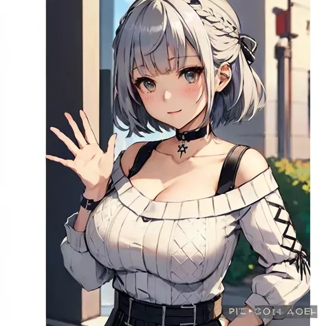 Anime girl with gray hair and a white shirt waving, Kantai Collection Style, From Girls Frontline, Gray-haired, perfect Gray-haired girl, From Arknights, shikamimi, Nier inspired, Gray-haired, Girl with short white hair, , Girls Frontline Style, Female pro...