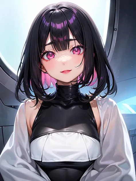 sf、Teenage Girl、Metal Bodysuit、Big eyes、Slanted Eyes、White skin、Pink lipstick、((Black Hair))、Straight hair、Short Bob Hair、((Depiction of only the upper body))、Smiling Kindly、Open your mouth、Inside the spaceship