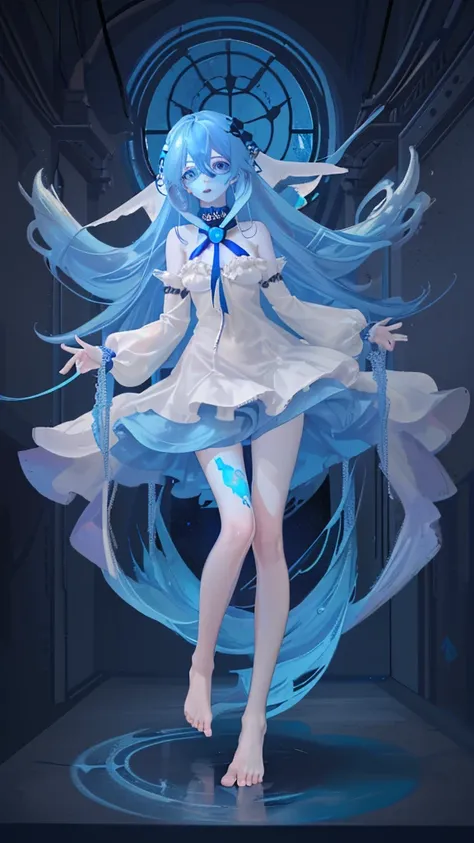 A beautiful girl with long blue hair and blue skin has three eyes, six arms and bare feet.