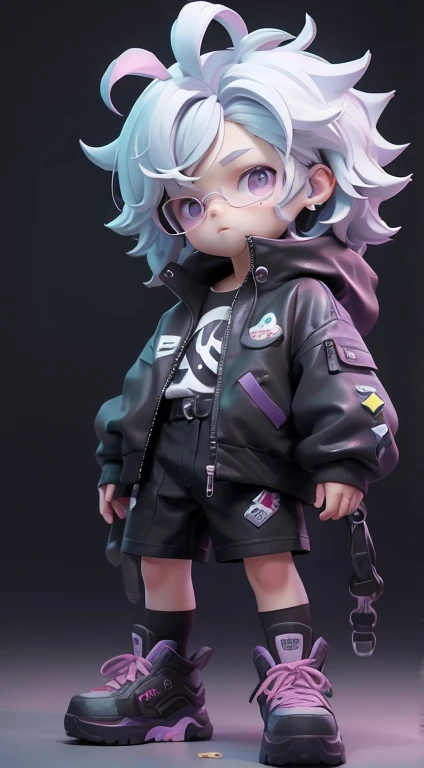 1littel boy, chibi, cute, 20 years old, seductive expression, look at viewer, jacket cyberpunk style, jacket, photo, realistic, best quality, purple, white, and black, hires, detailed face, white background, diffused lighting, glasse, depth of field, bokeh...