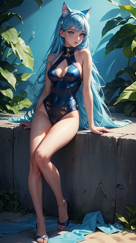 (high resolution, full body, soft skin:1.2, blue eyeliner makeup),(best illustration,masterpiece:1.2),ultra-detailed,[(cat ears , blue inside:1.2),vivid colors,sharp focus,portrait,studio lighting,bokeh, wearing a one piece flower swimsuit, beach backgroun...