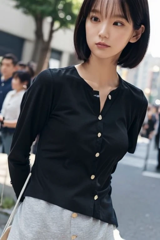 In the crowd、In the crowd、Japanese women、30 years old、Grey long sleeve、(Shirts without buttons:1.9),(Seamless top、Seamless tops:1.8)、(Long shirt、Tight tops:1.4)、(Tops that highlight the curves of your chest、Small Ass、Small waist、tall、Mid-chest:1.4)、(wearin...