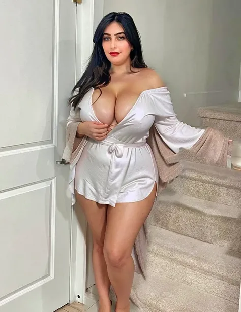 Off shoulder robe, pshorts, cleavage, curvy, medium breast size, cleavage, revealing, thick thighs 