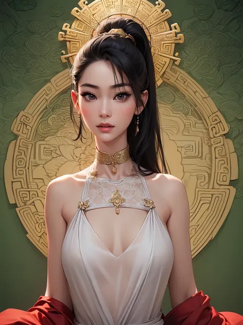 (best quality,ultra-detailed,realistic:1.37),(Korean:1.1)(beautiful detailed dress,adult,woman,detailed description),(beautiful detailed woman,beautiful Chinese background,exposed collarbone),(black eyes,natural eyes,realistic facial features,beautiful leg...