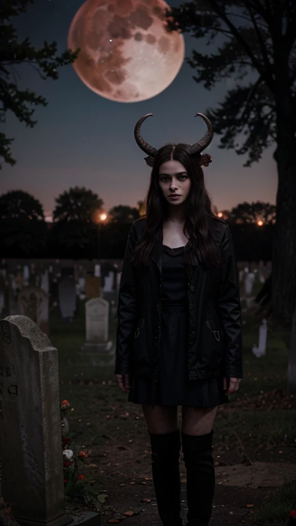 A dark devil with long horns, takes  a young white girl soul, in haunted cemetery in blood moon night Hyper realistic image