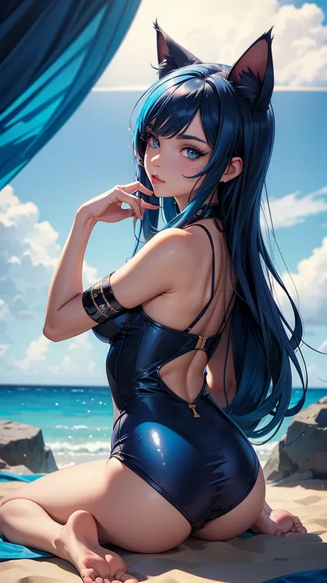 (high resolution, full body, soft skin:1.2, blue eyeliner makeup),(best illustration,masterpiece:1.2),ultra-detailed,[(cat ears , blue inside:1.2),vivid colors,sharp focus,portrait,studio lighting,bokeh, wearing a one piece flower swimsuit, beach backgroun...