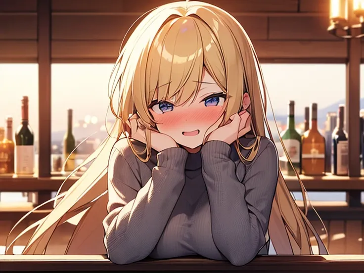 Masterpiece, Top quality, (1 beautiful girl :1.2), Blonde, straight hair, 24 year old, medium breasts, standard weight, sweater, (laugh :1.4), nose blush, drunk, hands up, elbows on table, face palm, upturned eyes, beautiful scene of bar, blurry background...