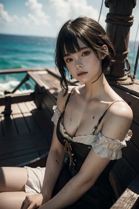 Dramatic lighting, Highest quality, film movie still, (Charming Anne Bonny, Dressed in dirty tattered pirate costumes, Stand on the deck of a pirate ship docked in a Caribbean port), grimy, Dark atmosphere, Toned body, (ripped clothing:0.8), Perfect face, ...