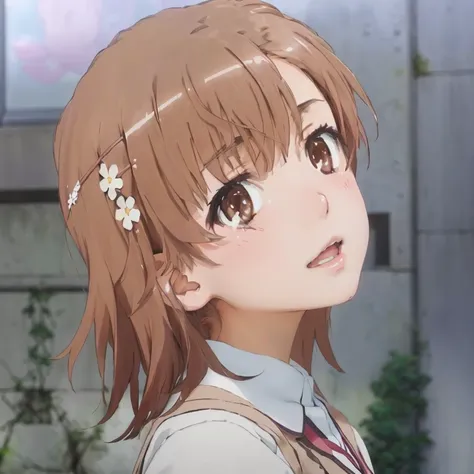 brown hair、anime girl with white flowers on her head, another close-up of iwakura, sayori, ( ( ( akira yoshinari ) ) ), cute gir...