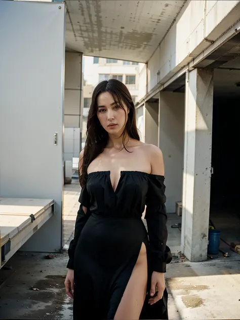 sfw, sfw, masterpiece, highres, extreme detailed, 1girl, beautiful Monica Bellucci wearing a long black evening dress bare shoulders, (m0nic4), photographed by Tim Walker, realistic, photography, working as a construction worker in city in Southern Texas, ...