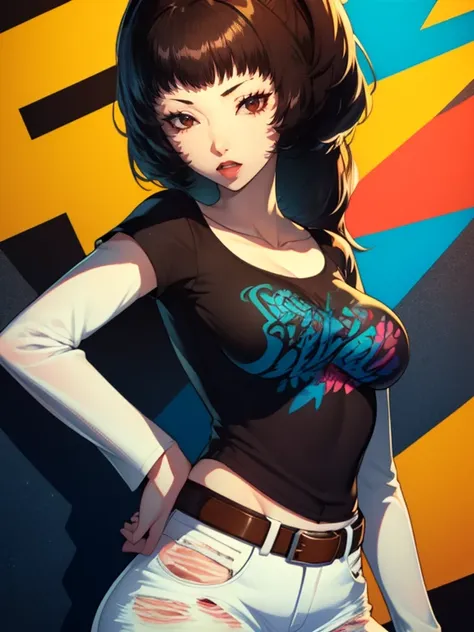 rise kujikawa (persona) ,glossy lips, brown hair, 1girl, solo, black t-shirt, white shirt, blue jeans, belt, lipstick, large bre...