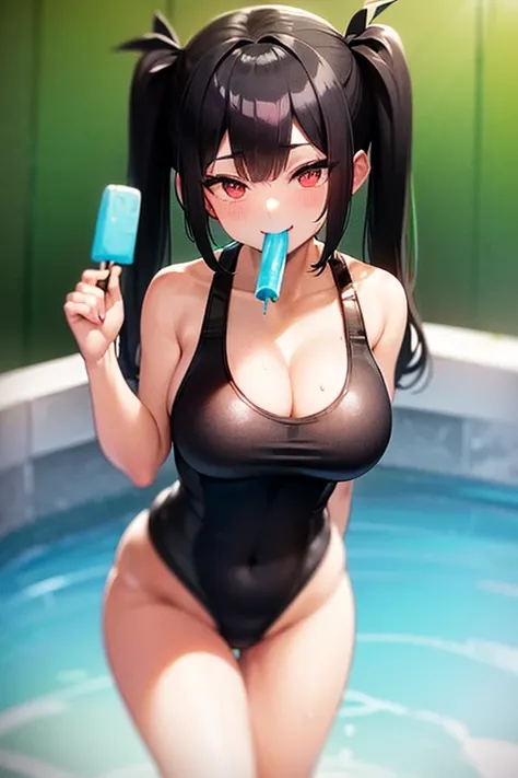 Girl, (Black competitive swimsuit:1.5) , Black Hair , Iris ,(Huge breasts:1.2) , Twin tails , Small stature , (Eating popsicles:1.2) , (grinning:1.2) , Bathroom , Wink ,