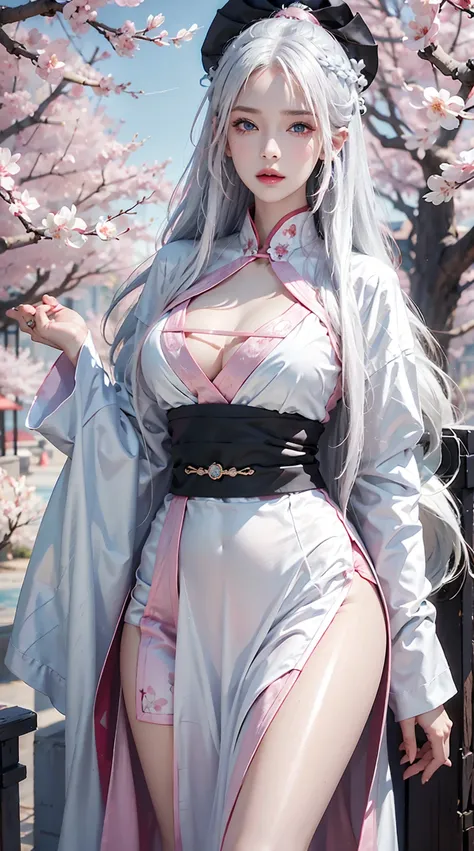 Reality, high resolution, 1 female, Shiny skin, Solitary, Tattoo, Jewelry, Pink lips, long hair, white hair, blue eyes, Shut up, Hip lift, Hanfu, Cherry blossoms