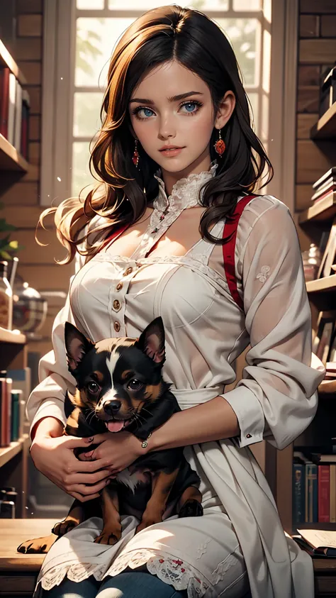 Cute Puppy. Beautiful puppy. Cute Puppy. Portrait of a woman in a white dress, Holding a book with delicate hands, Expressing beauty and strength. Detailed portrait of an indigenous woman drawn in cartoon style, With beautiful eyes, Quick brushstrokes and ...