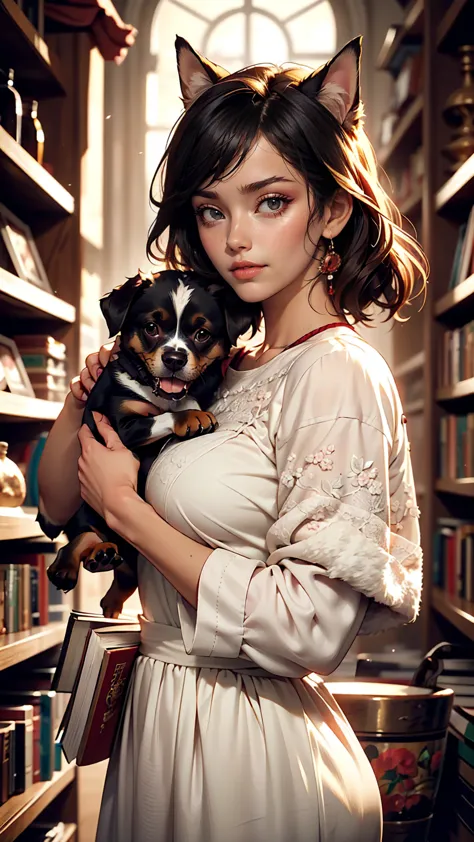 cute puppy. beautiful puppy. cute puppy. portrait of a woman in a white dress, holding a book with delicate hands, expressing be...