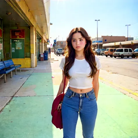 (masterpiece, best quality:1.2), 1girl, (drm, demi), solo, standing at a bus station in texas, near city block, waiting for bus,...