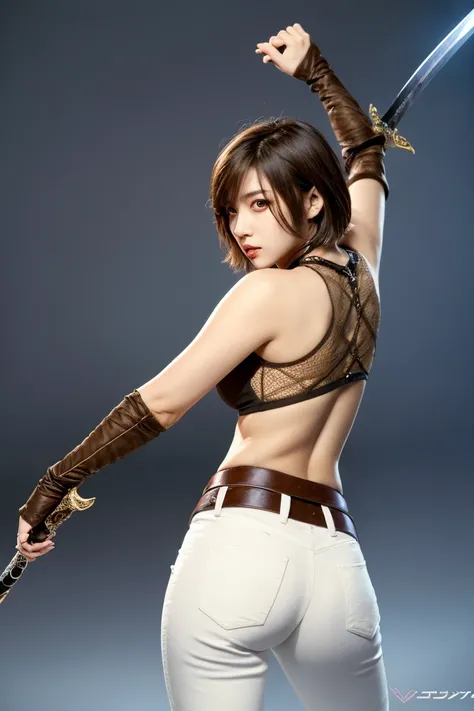 1girl, solo, short hair, brown hair, brown eyes, jewelry, weapon, ass, looking back, pants, sword, from behind, lips, sheathed, realistic，full body 