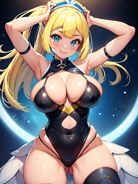 whole body,smile,Big Breasts,Sexy pose,Groin,10 years old,Lillie/pokemon,Put your hands behind your head,Sexy Stage Costumes,Blonde,