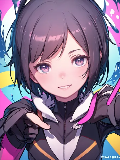 Close-up of a person pointing a finger at something、One girl, Shine, Shine eye, short hair, smile, teeth, upper teeth only, The eyes are round, Shadowed face, , Gradient Background, 2D Art, Splash Art, figure, Digital Art, highest quality, hard shading