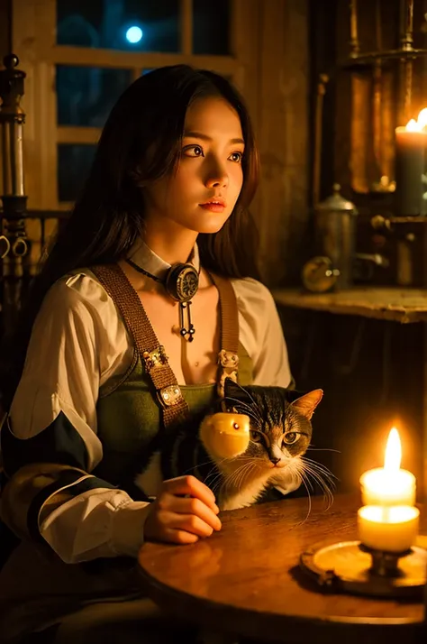 "Steampunk girl with cat robot companion, Relax in a candlelit room,  Eye contact with viewers, Shot at wide angle."