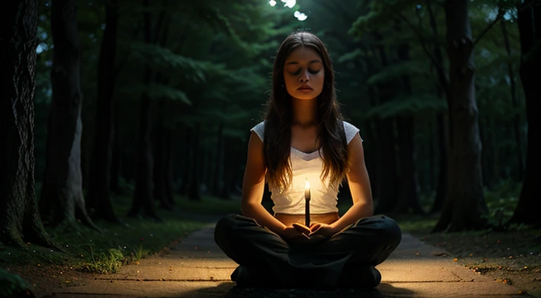 A mystical girl meditating on a stone in a forest around her and some lights around her.
upscale 16x9