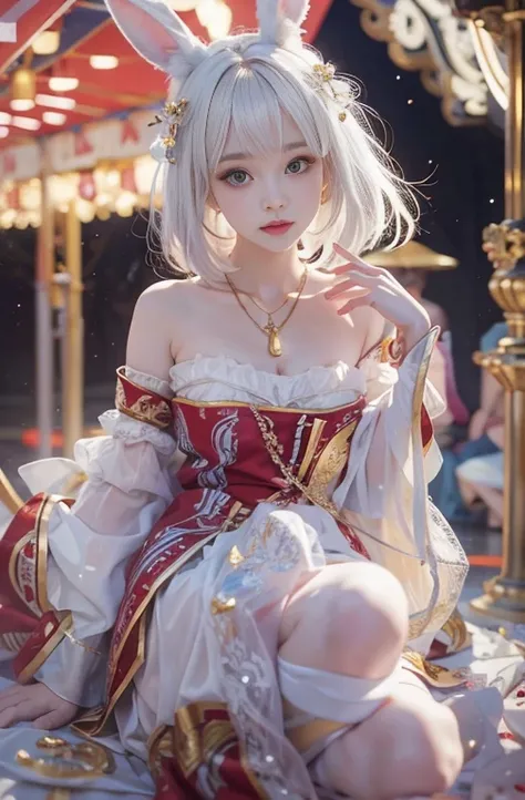 18-year-old, Wide-angle lens, Woman in ancient Greek costume、Woman enjoying merry-go-round at night,Shoulder out、thin、Serious expression、Short-haired、Deadly position, Gorgeous Necklace, Light milky porcelain skin, Smooth, Translucent white skin, Enchanting...