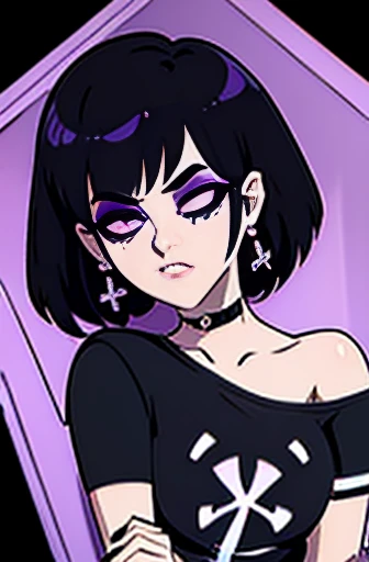 1girl, short hair, pixie cut, black hair, pink streaks, cross earrings, freckles, black leather shorts, pockets, oversized t-shirt, purple shirt, with a spider on it, spider hair accessories, messy hair, face mask over mouth, fishnet stockings, laying in c...