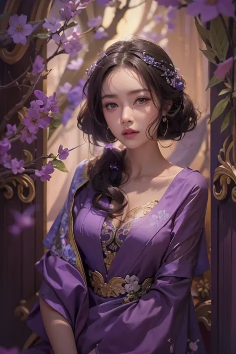 A beautiful woman in a purple Chinese dress stands quietly., Beautiful woman in her late 27s, Realistic Paintings by Cynthia Shepherd, cgsociety contest winner, Fantasy art, Style Ivan Talavera and Artgelm, Elegant cinematic pose, Charlie Bowter: Rich and ...