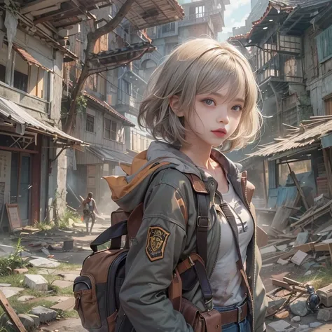 (masterpiece, highest quality, 1 girl, alone) In the ruins of the zombie apocalypse, 美しいアメリカの金髪の十代のborn存者, ( Half Body Shot, There are many freckles on the face, Slim figure, Short messy side cut hair, Hazel green eyes), I&#39;m tired but I won&#39;t give ...