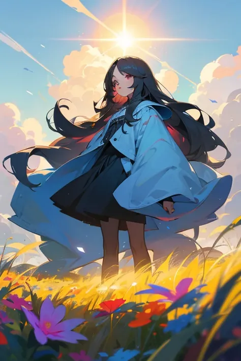 In the center of the composition is a long-haired girl, standing in a field with bright flowers. Fluffy clouds make up the background, through which the sun&#39;s rays penetrate, creating a play of light and shadow. The girl looks into the distance with a ...