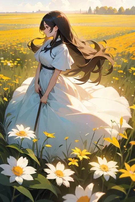 In the center of the composition is a long-haired girl, standing in a field with bright flowers. Fluffy clouds make up the background, through which the sun&#39;s rays penetrate, creating a play of light and shadow. The girl looks into the distance with a ...