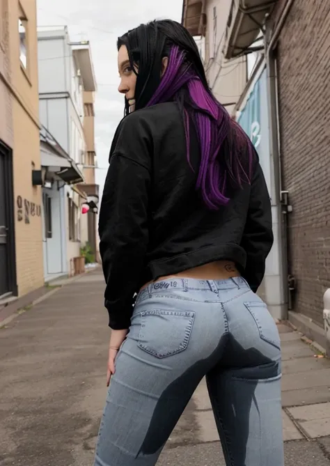 (pp clothes), (rear photo), ((24 year old woman)), long black hair with purple streak at front, jeans, alley photo, piercings, black hoodie,