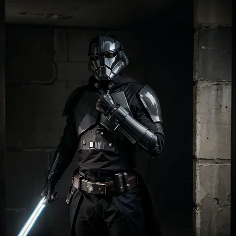 Homme, style apocalypse, fragments darmure de clone Trooper et halo, lightsaber attached to the belt, masque noir et capuche noir