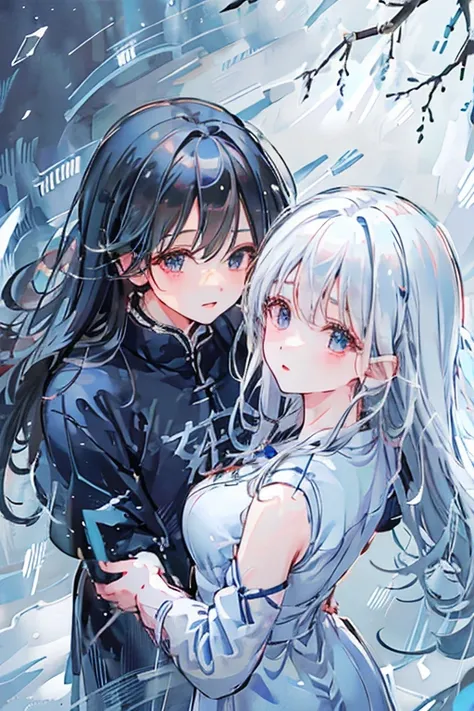 Beautiful anime art: divine couple: a cold girl with silver hair in a blue and white flowing dress and a dark, strong guy with black hair in scarlet and black flowing clothes